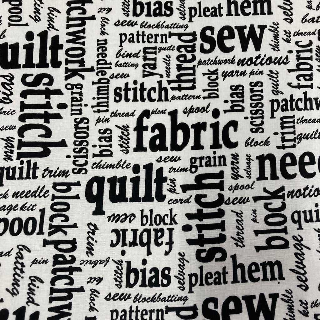 Medium Tote Bag with Zip - Sewing Words on White