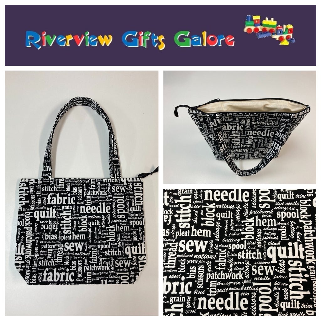 Medium Tote Bag with Zip - Sewing Words on Black