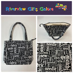 Medium Tote Bag with Zip - Sewing Words on Black