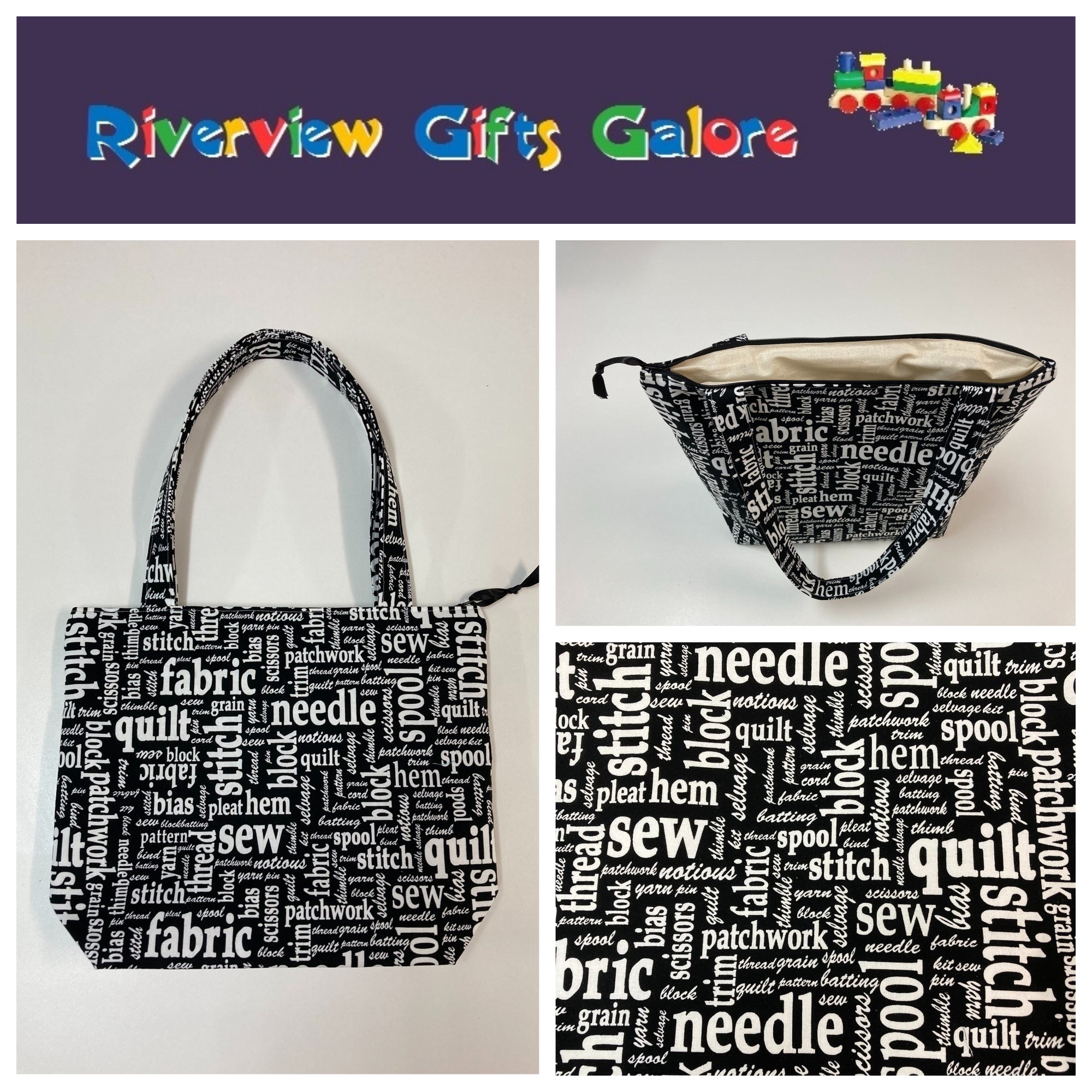 Medium Tote Bag with Zip - Sewing Words on Black