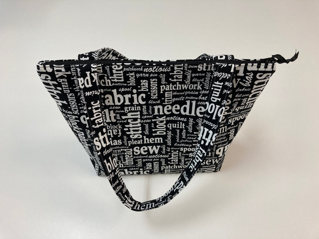 Medium Tote Bag with Zip - Sewing Words on Black