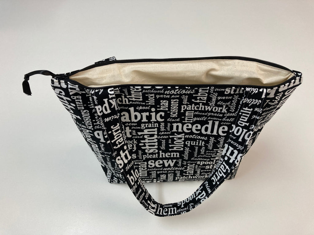 Medium Tote Bag with Zip - Sewing Words on Black