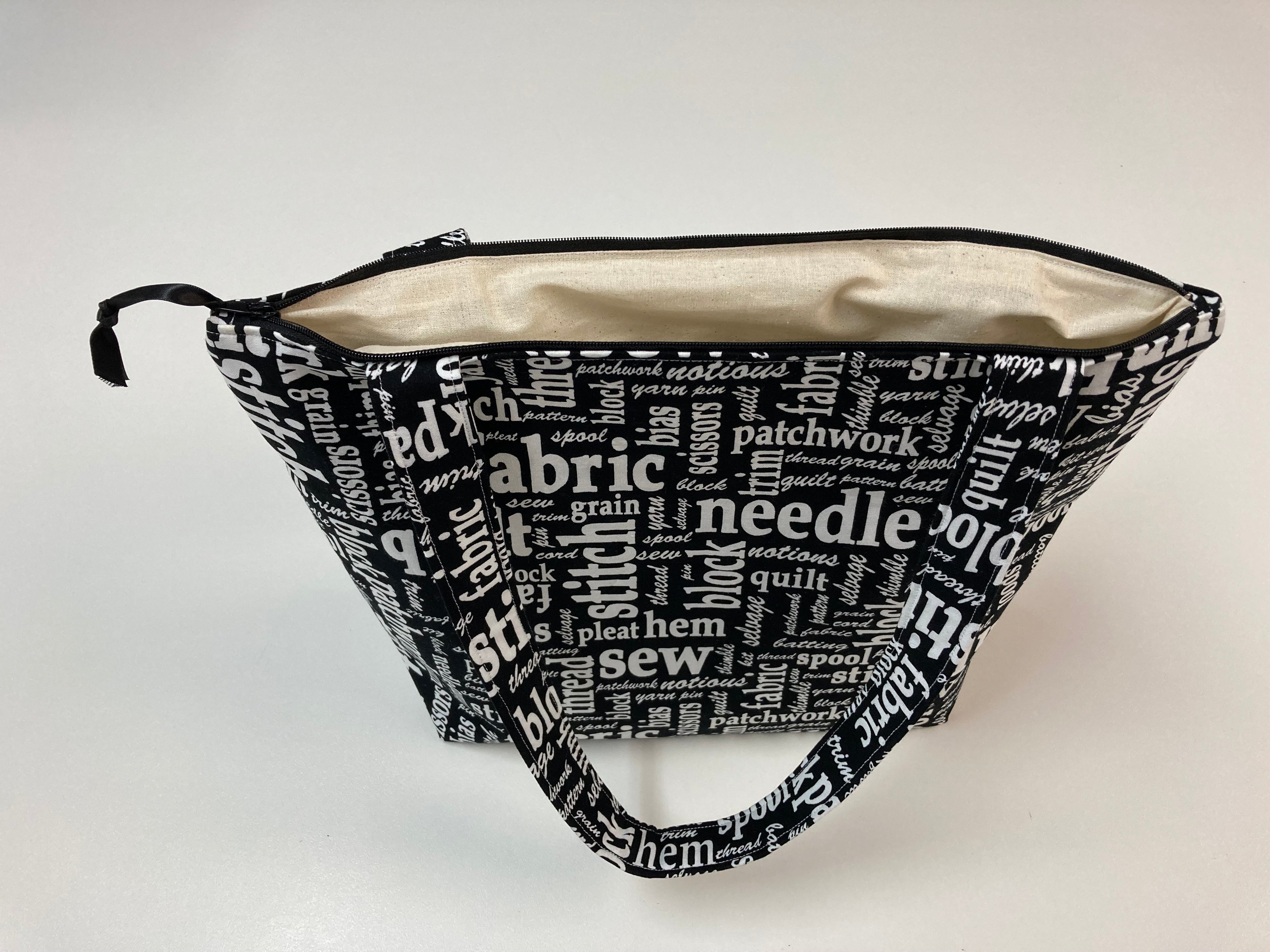 Medium Tote Bag with Zip - Sewing Words on Black