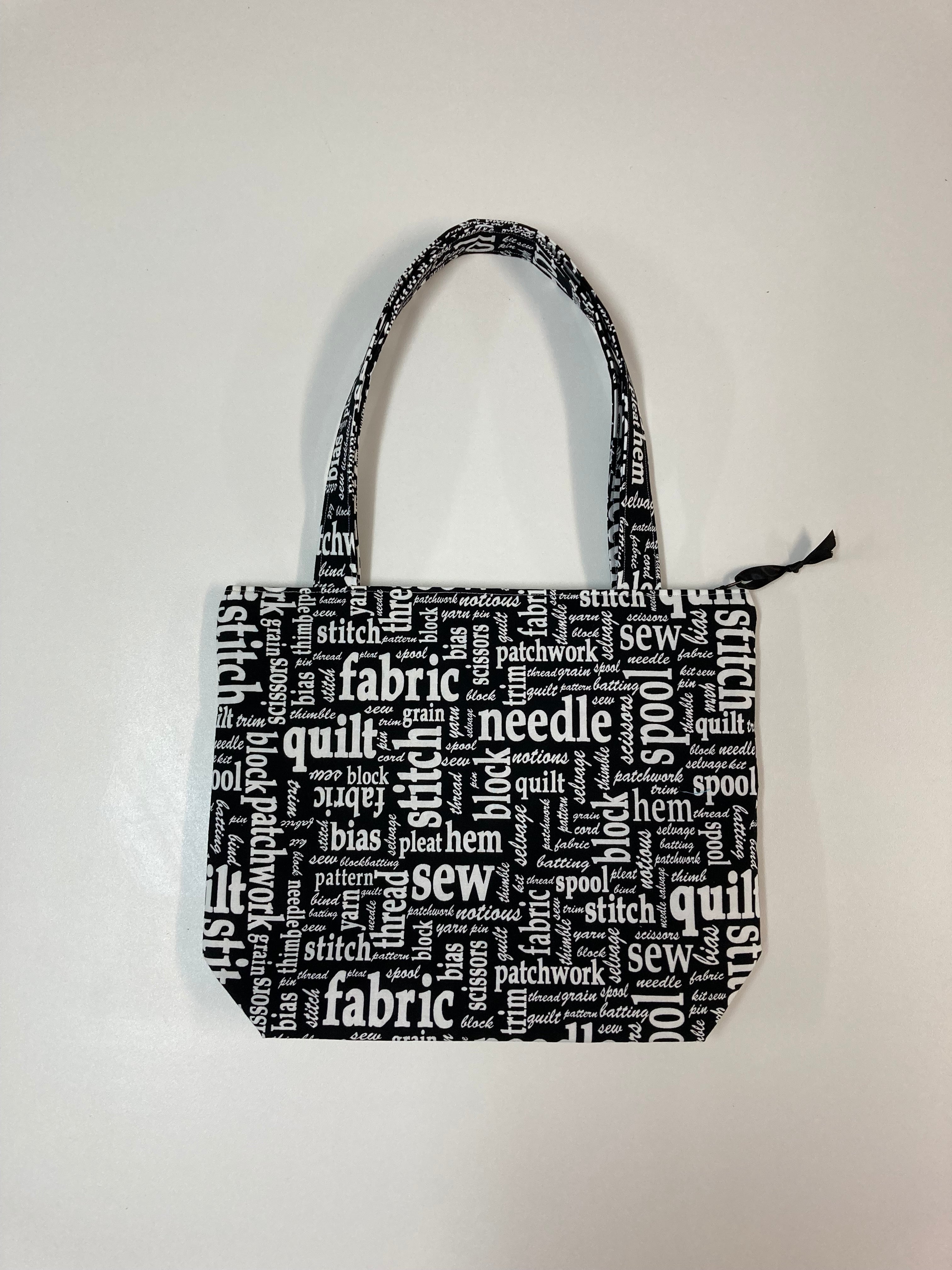 Medium Tote Bag with Zip - Sewing Words on Black