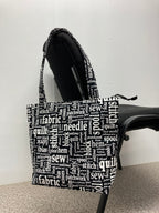 Medium Tote Bag with Zip - Sewing Words on Black