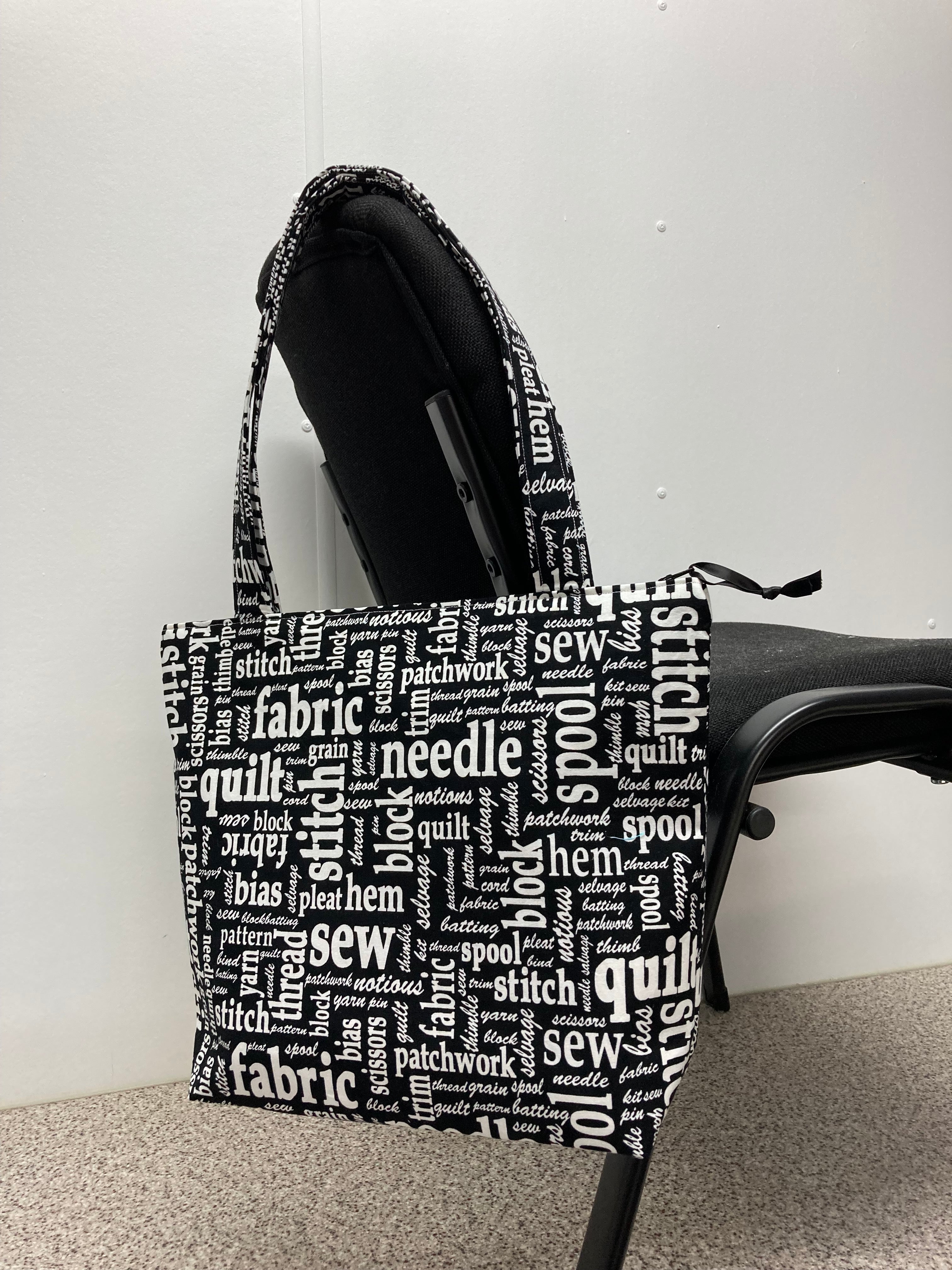 Medium Tote Bag with Zip - Sewing Words on Black