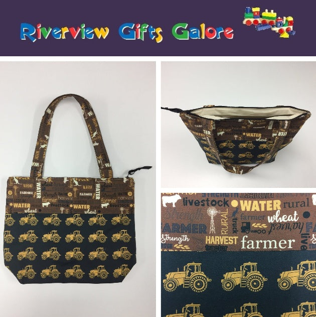 Medium Tote Bag with Zip - Farmers Fighting Spirit - Words and Tractors