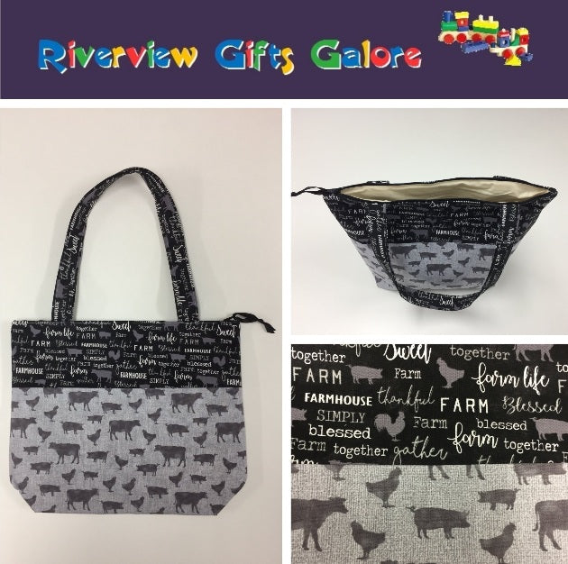 Medium Tote Bag with Zip - Farm Sweet Farm - Charcoal and Animals