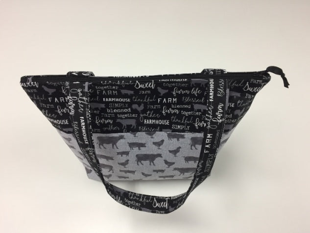 Medium Tote Bag with Zip - Farm Sweet Farm - Charcoal and Animals