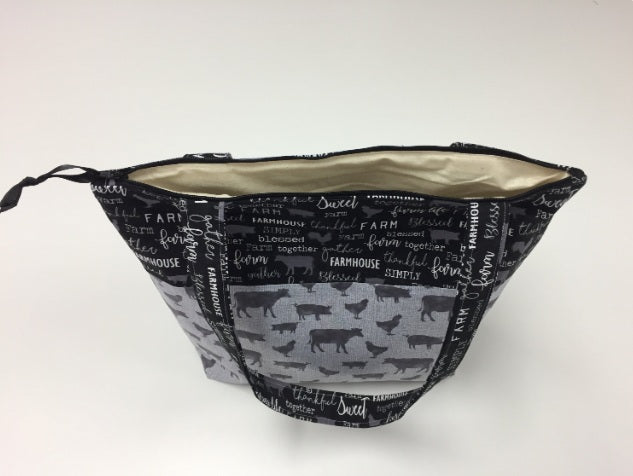 Medium Tote Bag with Zip - Farm Sweet Farm - Charcoal and Animals