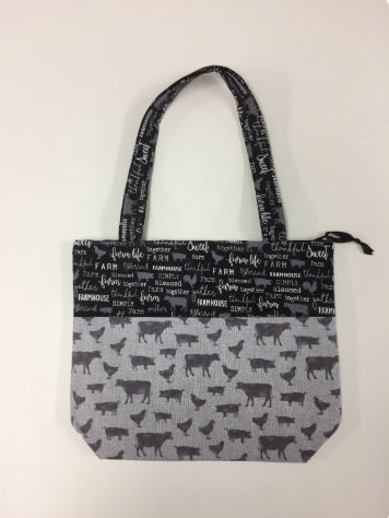 Medium Tote Bag with Zip - Farm Sweet Farm - Charcoal and Animals
