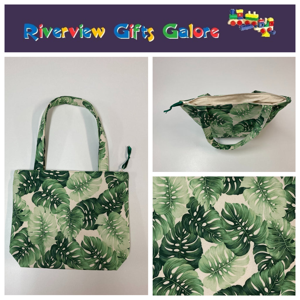 Medium Tote Bag with Zip - Leaves on Cream