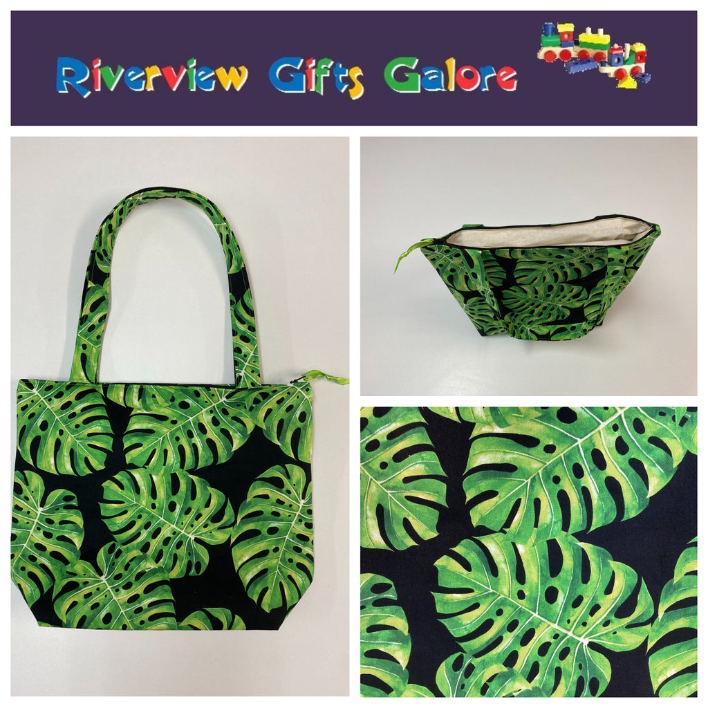 Medium Tote Bag with Zip - Leaves on Black