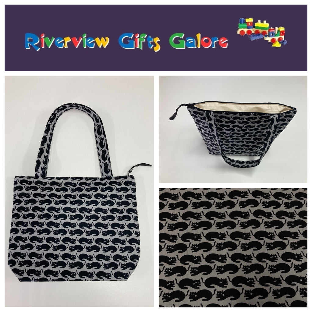 Medium Tote Bag with Zip - Black Cats on Dark Grey