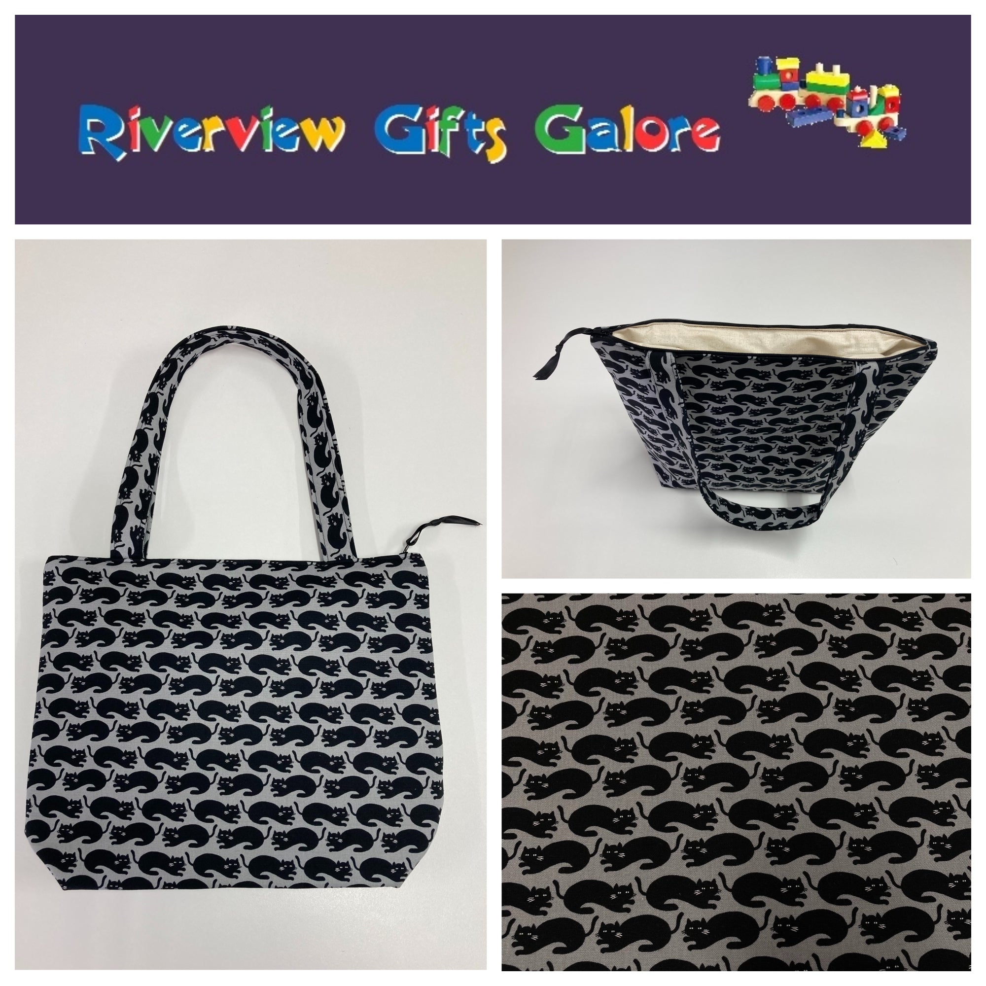 Medium Tote Bag with Zip - Black Cats on Dark Grey