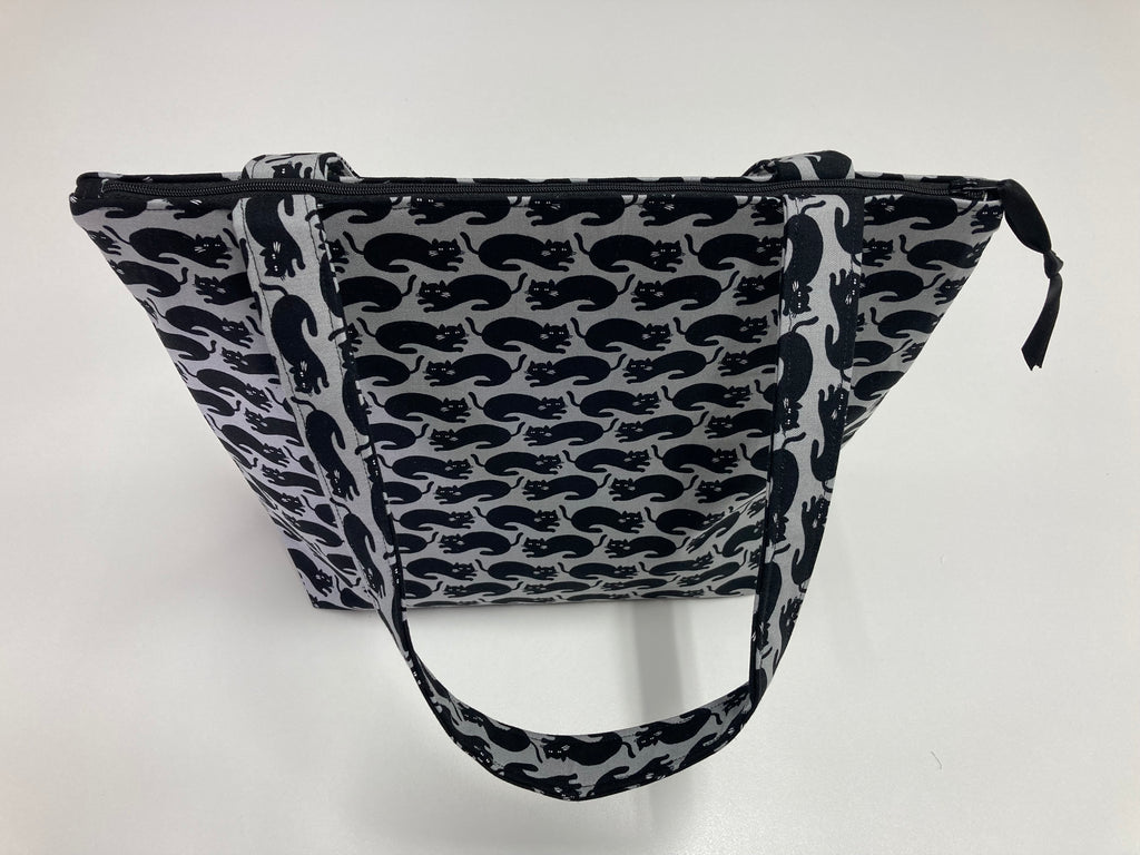 Medium Tote Bag with Zip - Black Cats on Dark Grey