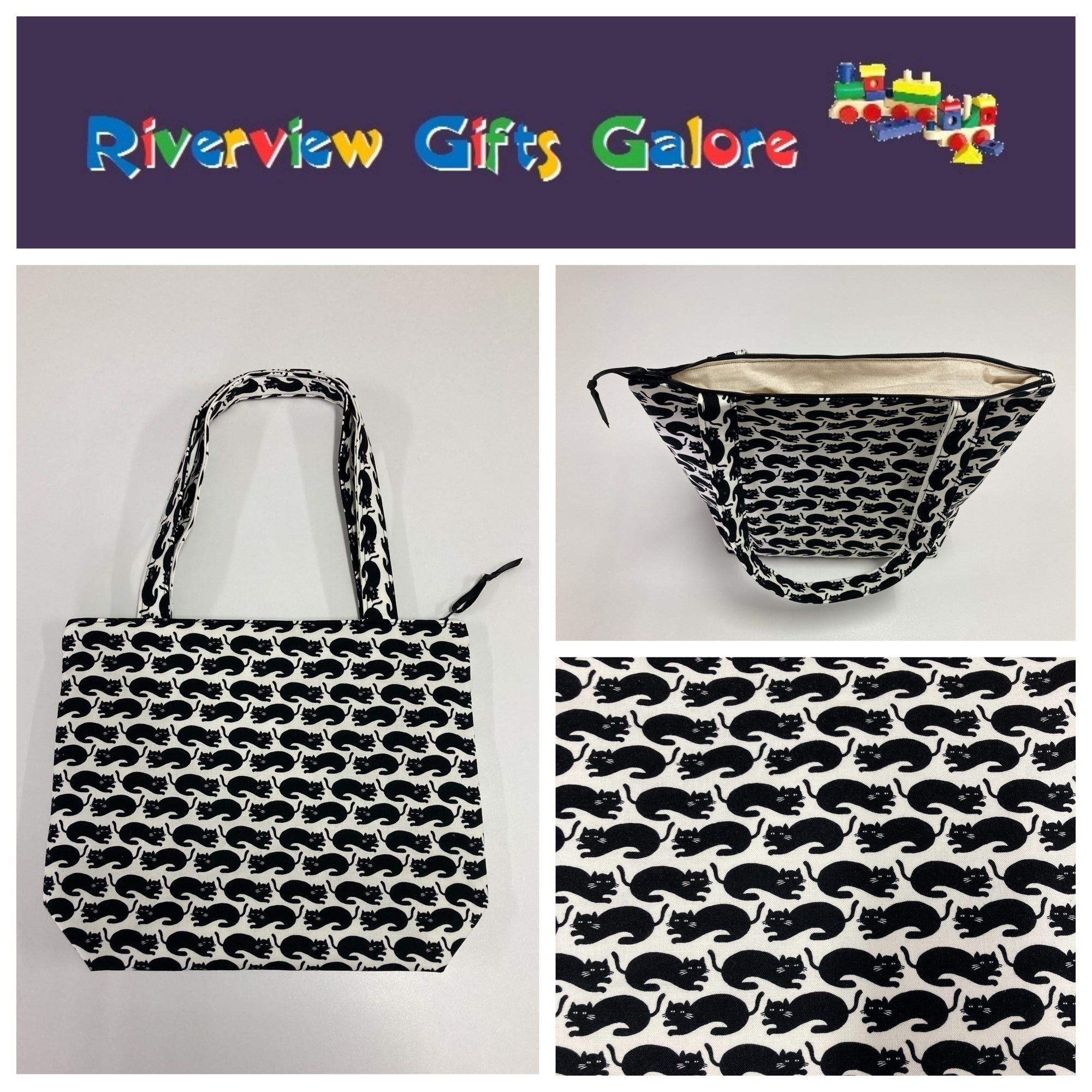 Medium Tote Bag with Zip - Black Cats on White