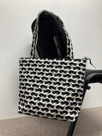 Medium Tote Bag with Zip - Black Cats on White