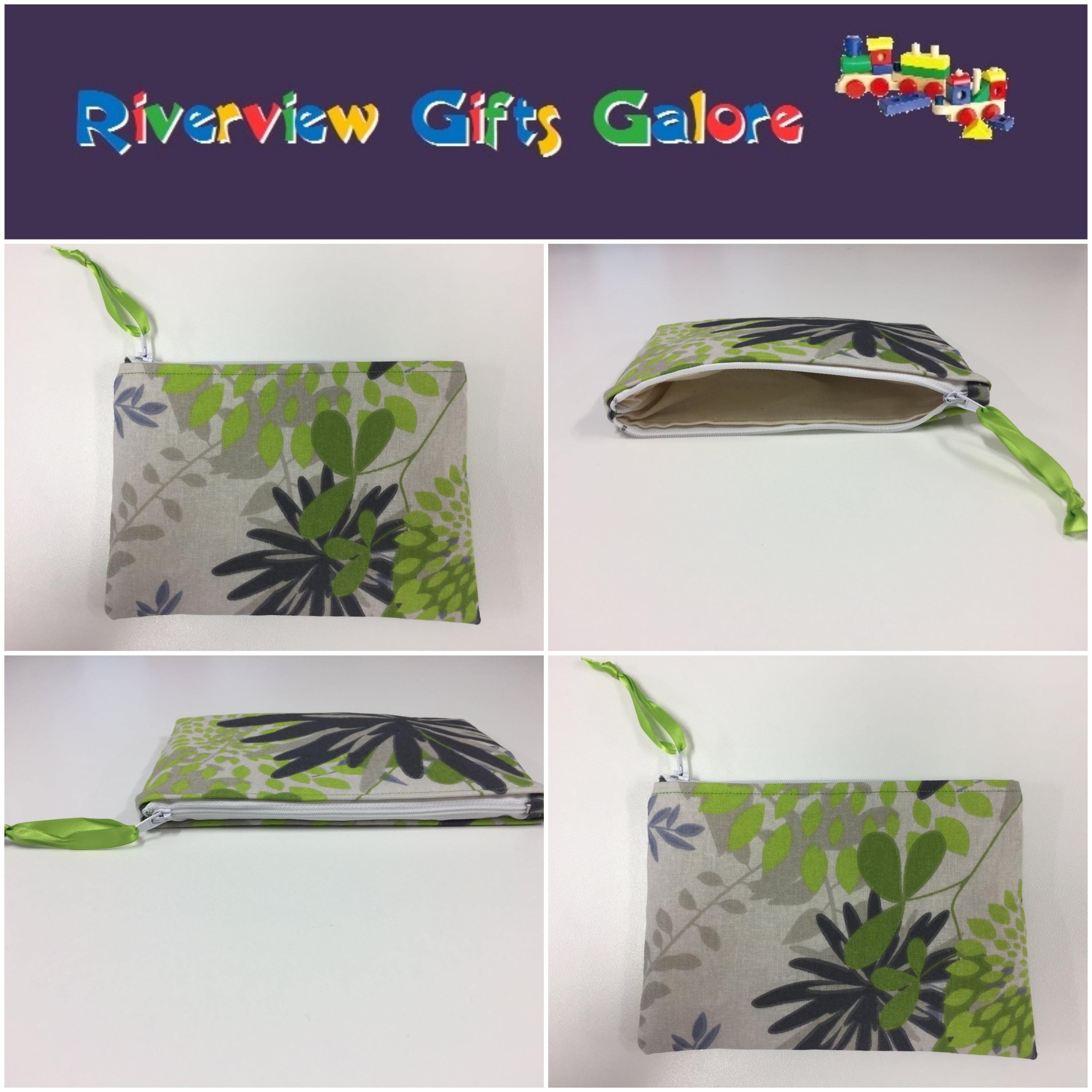 Zip Clutch - Lime Grey Flowers