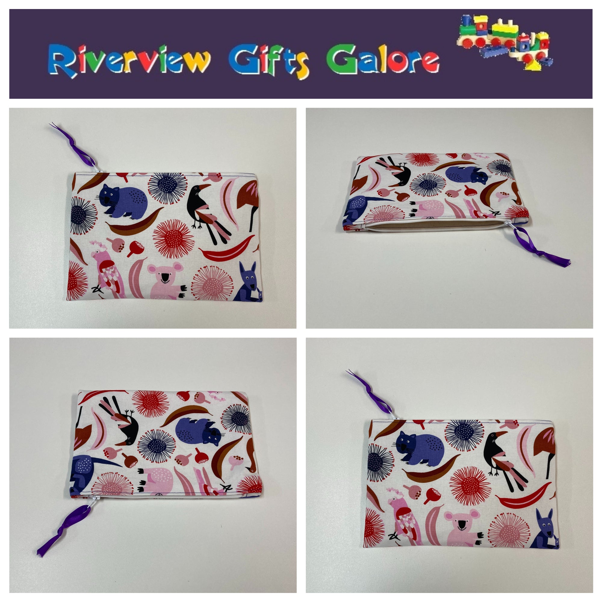Zip Clutch - Australian Animals on White