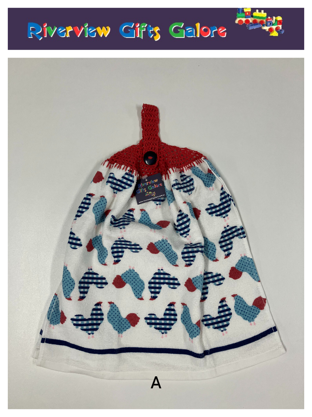 Crochet Top Hand Towel / Tea Towel (Double Thickness) - Blue Roosters