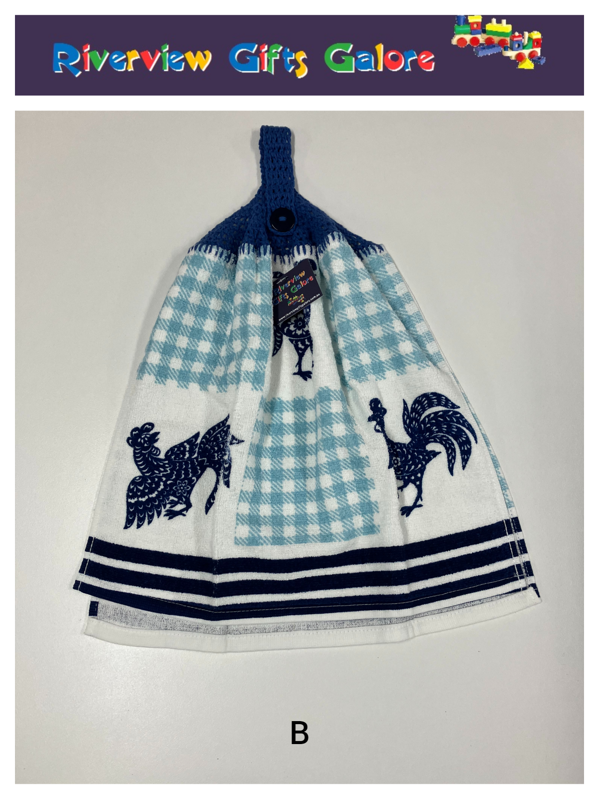 Crochet Top Hand Towel / Tea Towel (Double Thickness) - Blue Roosters
