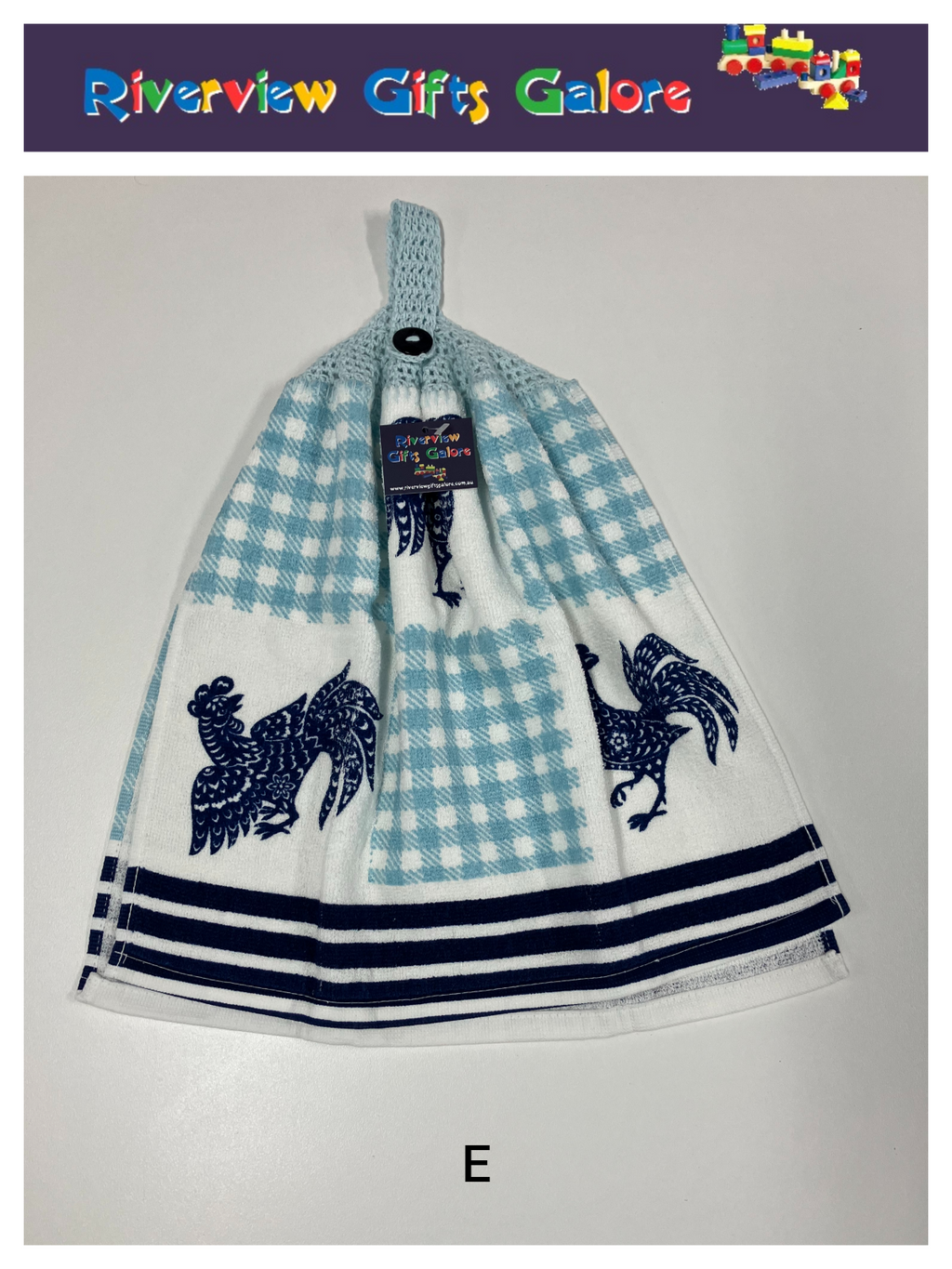Crochet Top Hand Towel / Tea Towel (Double Thickness) - Blue Roosters