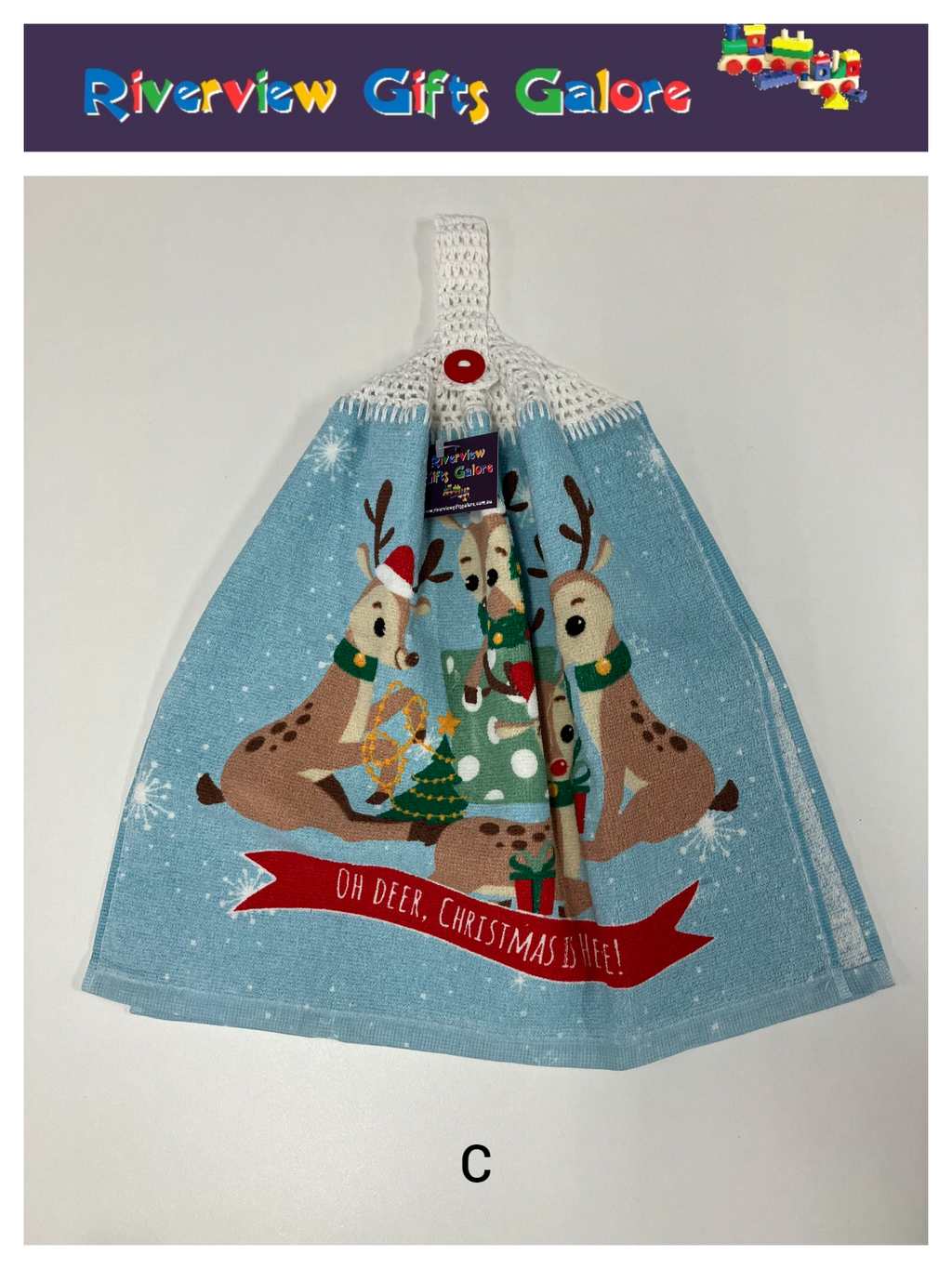 Crochet Top Hand Towel / Tea Towel (Double Thickness) - Oh Deer, Christmas Is Here