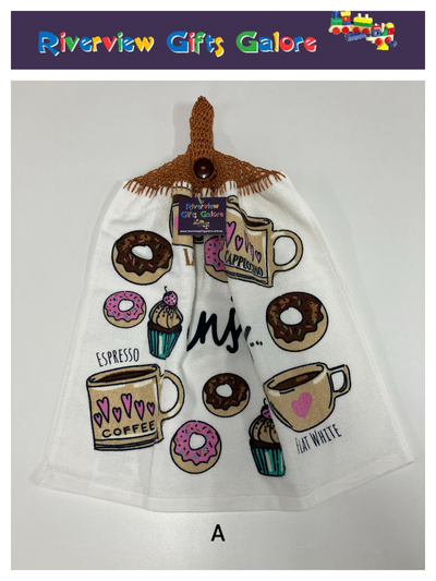 Crochet Top Hand Towel / Tea Towel (Double Thickness) - Enjoy Coffee and Donuts