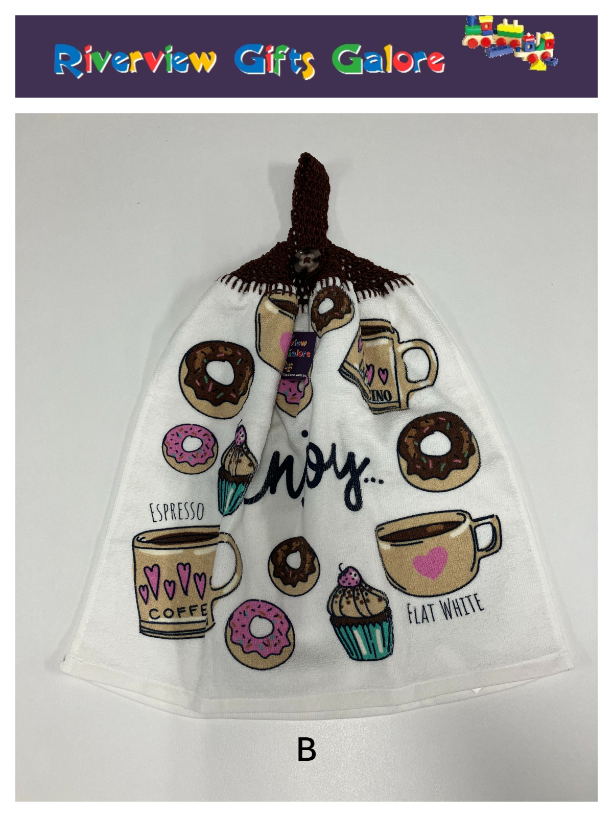 Crochet Top Hand Towel / Tea Towel (Double Thickness) - Enjoy Coffee and Donuts