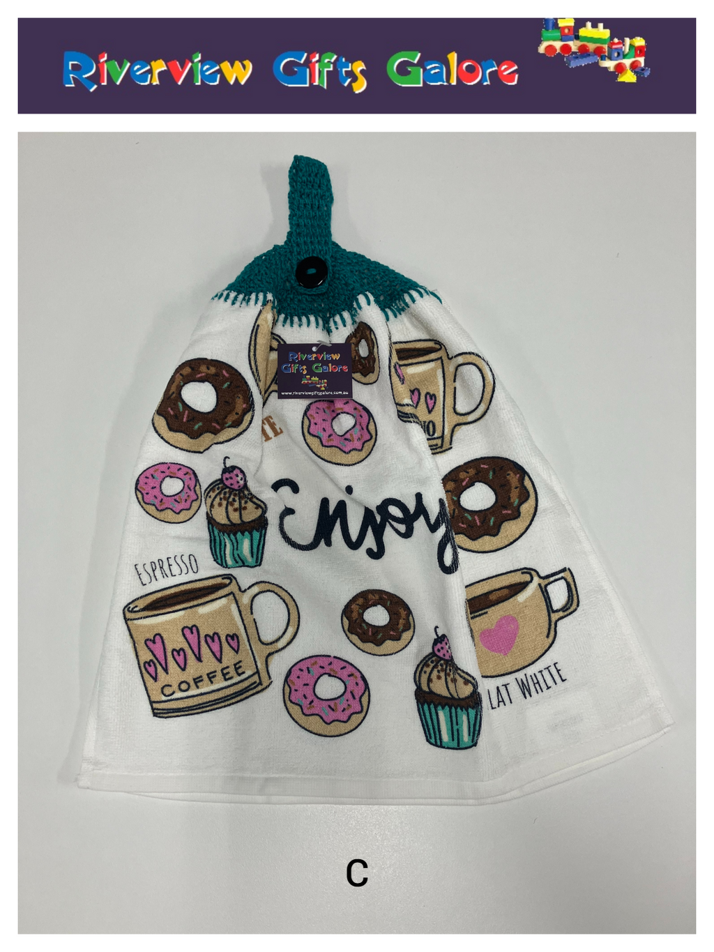 Crochet Top Hand Towel / Tea Towel (Double Thickness) - Enjoy Coffee and Donuts