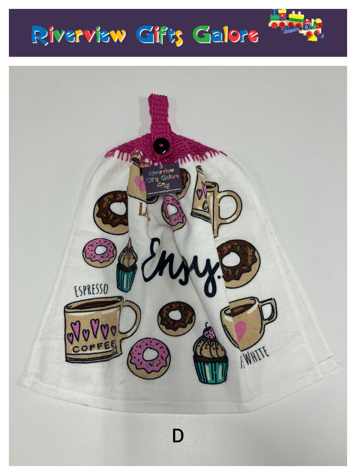 Crochet Top Hand Towel / Tea Towel (Double Thickness) - Enjoy Coffee and Donuts