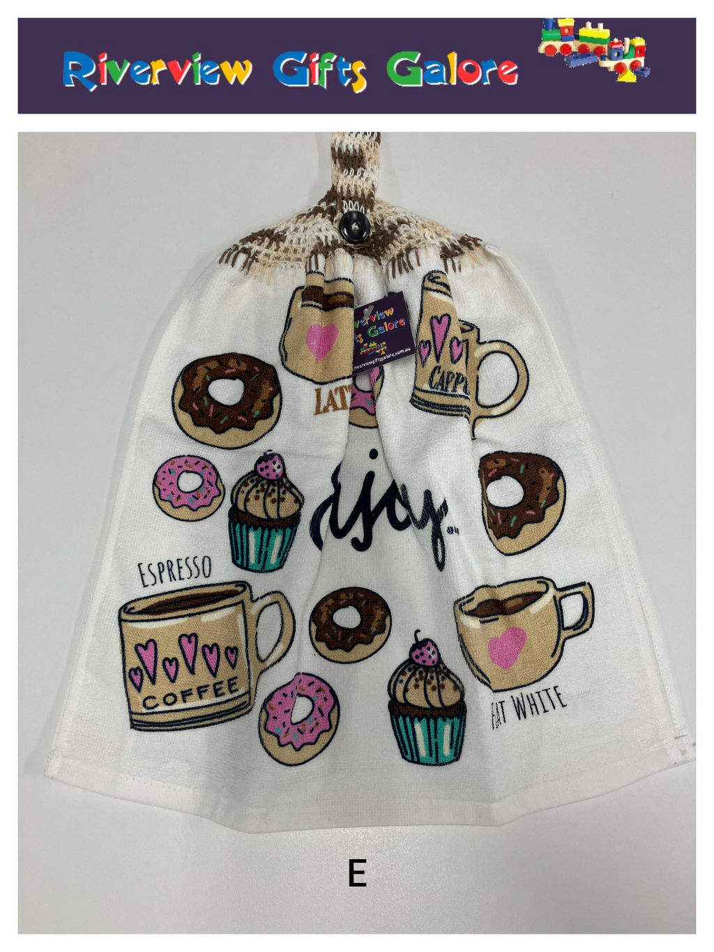 Crochet Top Hand Towel / Tea Towel (Double Thickness) - Enjoy Coffee and Donuts