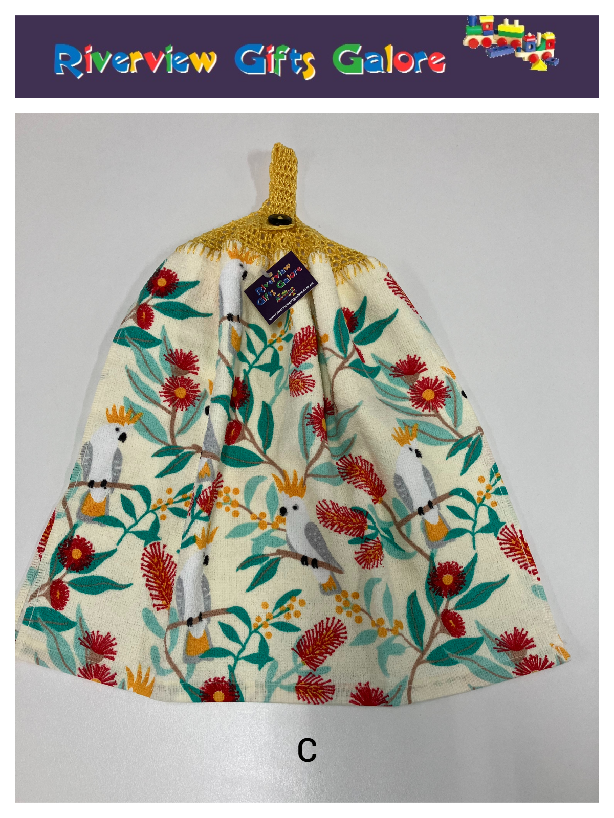 Crochet Top Hand Towel / Tea Towel (Double Thickness) - Yellow Crested Cockatoo & Wattle
