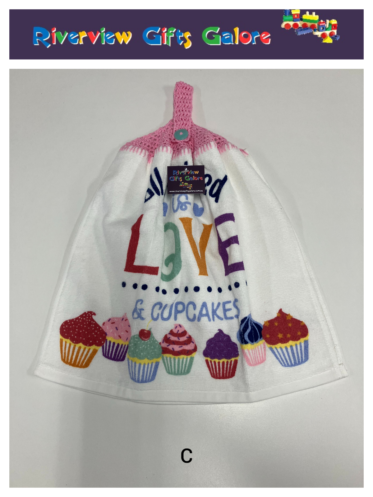Crochet Top Hand Towel / Tea Towel (Double Thickness) - All You Need is Love and Cupcakes