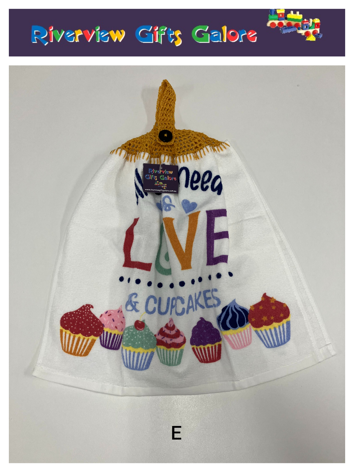 Crochet Top Hand Towel / Tea Towel (Double Thickness) - All You Need is Love and Cupcakes