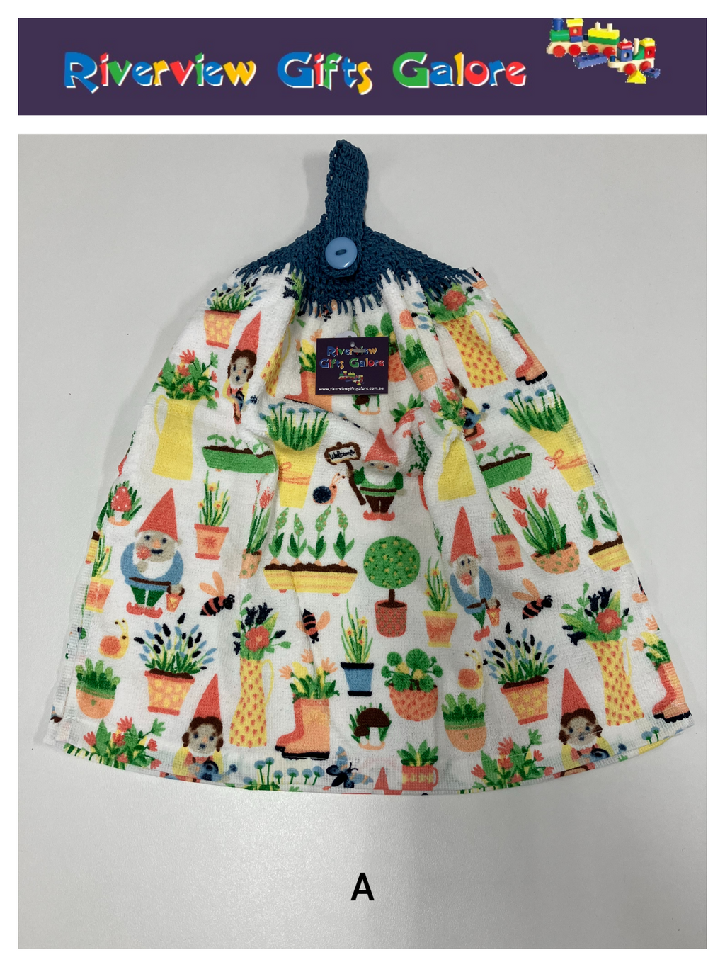 Crochet Top Hand Towel / Tea Towel (Double Thickness) - Gnomes in the Garden
