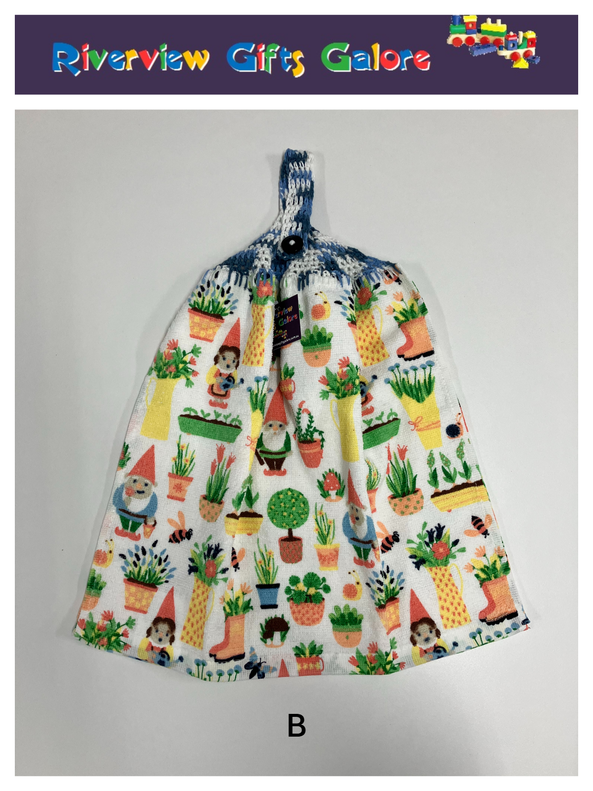 Crochet Top Hand Towel / Tea Towel (Double Thickness) - Gnomes in the Garden