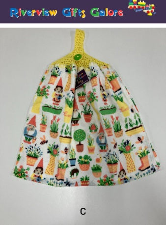 Crochet Top Hand Towel / Tea Towel (Double Thickness) - Gnomes in the Garden