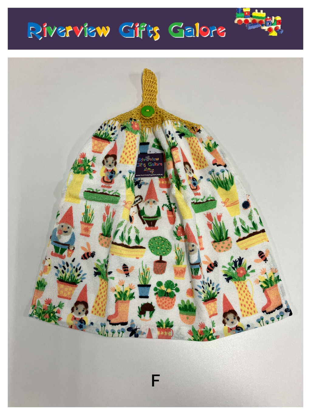 Crochet Top Hand Towel / Tea Towel (Double Thickness) - Gnomes in the Garden