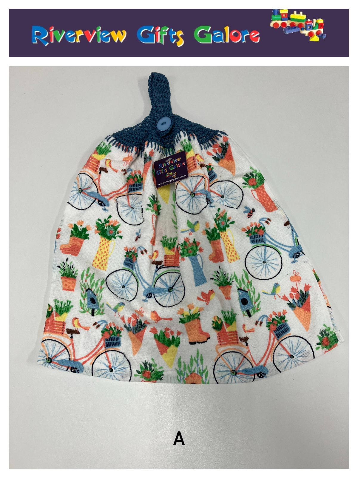 Crochet Top Hand Towel / Tea Towel (Double Thickness) - Bicycles in the Garden