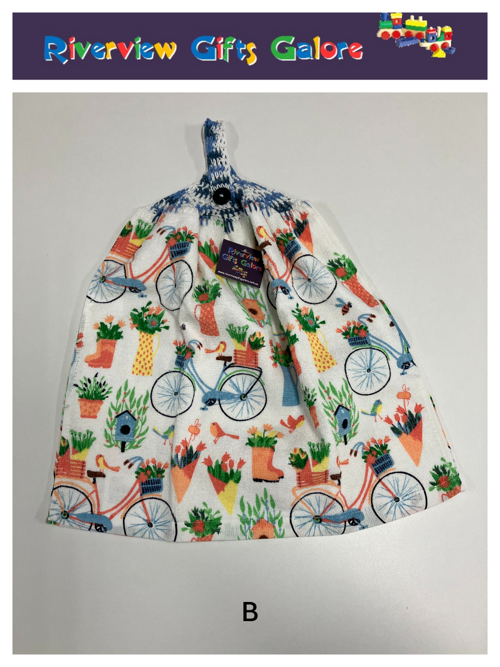 Crochet Top Hand Towel / Tea Towel (Double Thickness) - Bicycles in the Garden