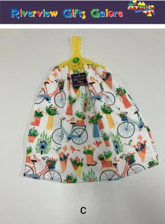 Crochet Top Hand Towel / Tea Towel (Double Thickness) - Bicycles in the Garden