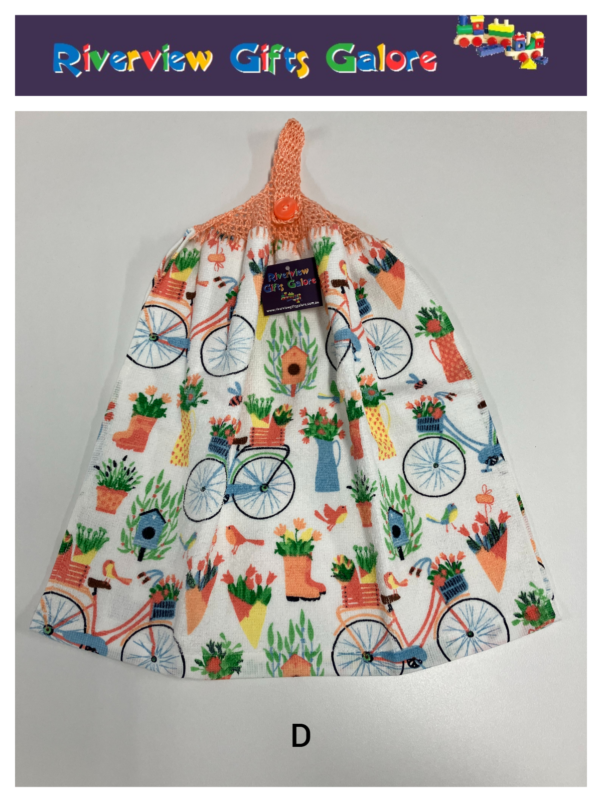 Crochet Top Hand Towel / Tea Towel (Double Thickness) - Bicycles in the Garden