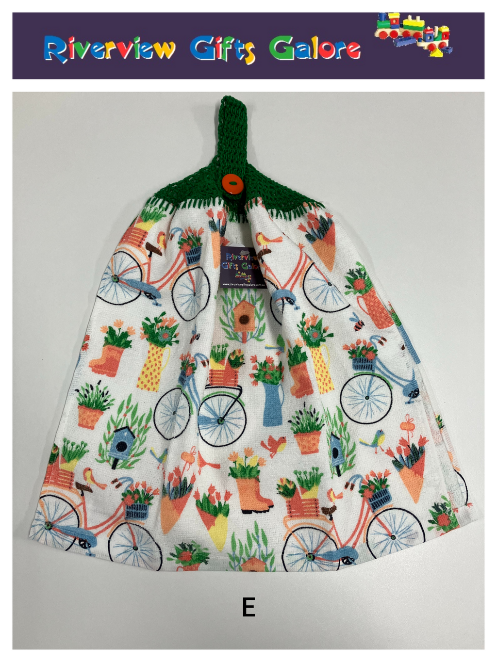 Crochet Top Hand Towel / Tea Towel (Double Thickness) - Bicycles in the Garden