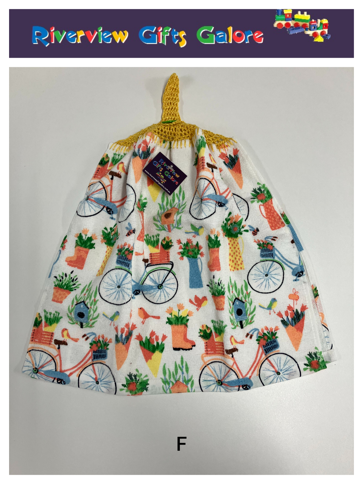 Crochet Top Hand Towel / Tea Towel (Double Thickness) - Bicycles in the Garden