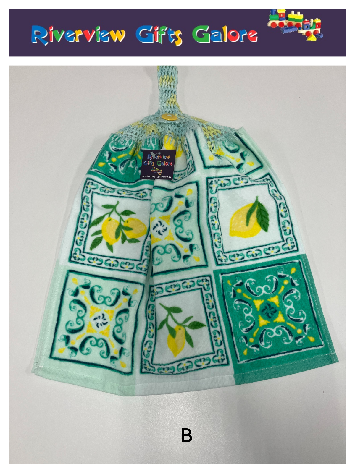 Crochet Top Hand Towel / Tea Towel (Double Thickness) - Green Mosaics and Lemons