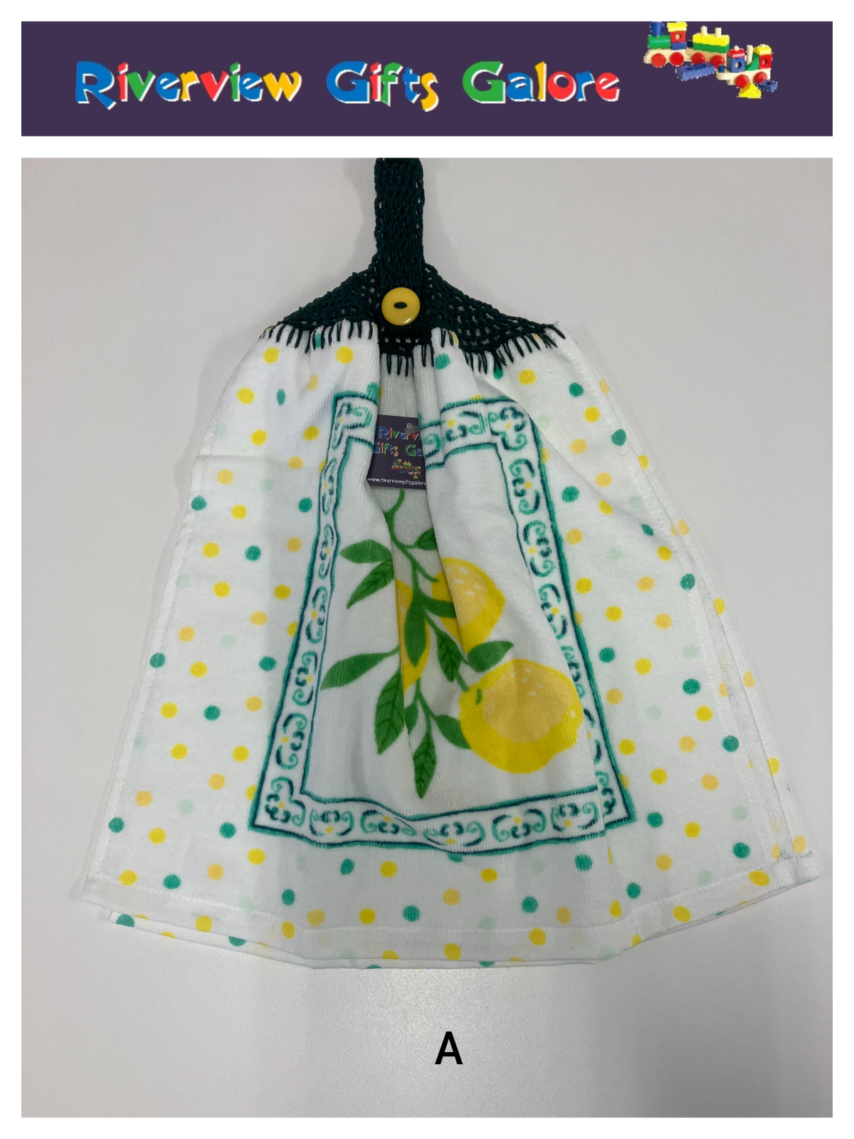 Crochet Top Hand Towel / Tea Towel (Double Thickness) - Lemons and Green Mosaics