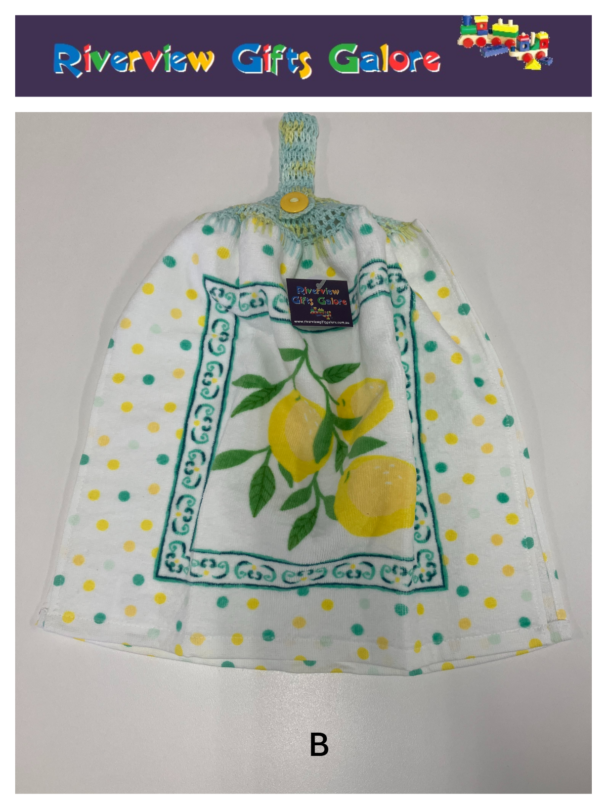 Crochet Top Hand Towel / Tea Towel (Double Thickness) - Lemons and Green Mosaics