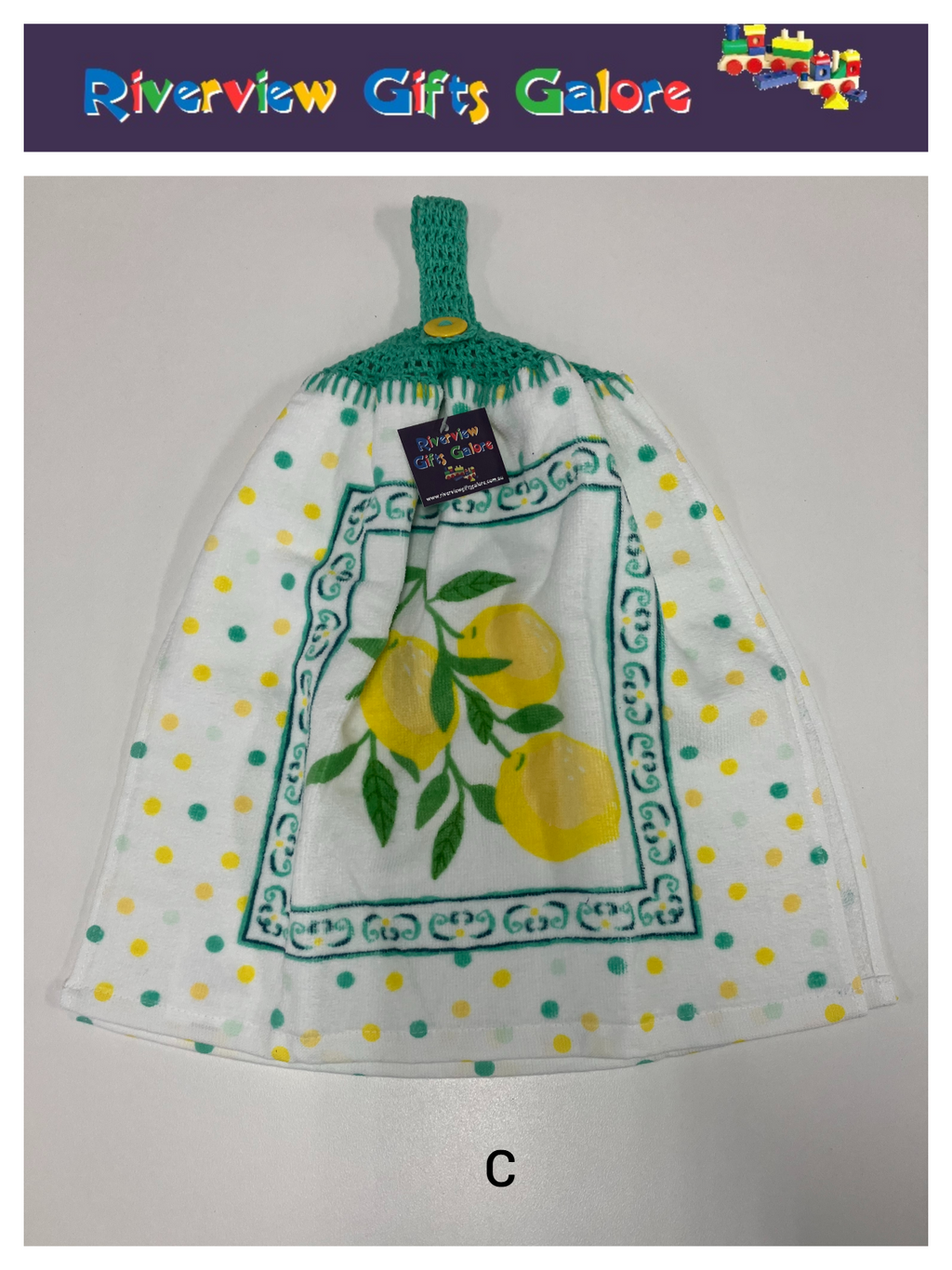 Crochet Top Hand Towel / Tea Towel (Double Thickness) - Lemons and Green Mosaics